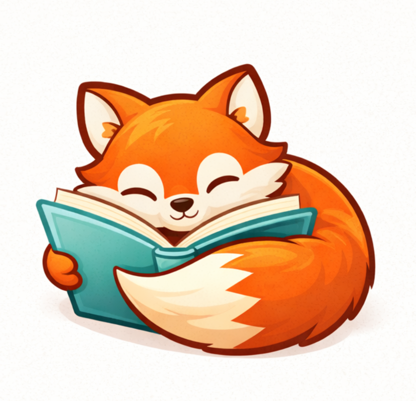 Flipzy fox mascot reading a book
